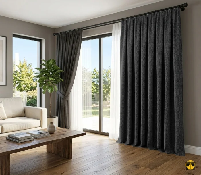 Modern bir oturma odasında, tok dökümlü koyu gri keten fon perde ve açık tonlu tüllerle oluşturulmuş şık pencere tasarımı