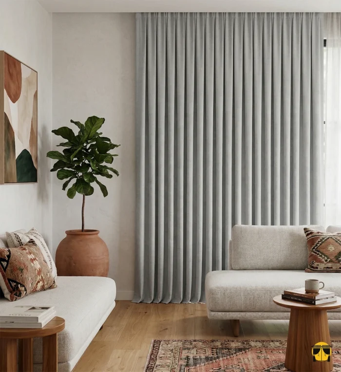 "Likya gümüş gri keten fon perdenin belirgin lifli dokusu ve dumanlı gri tonunun, modern salon dekorasyonuna kattığı karizmatik atmosfer."