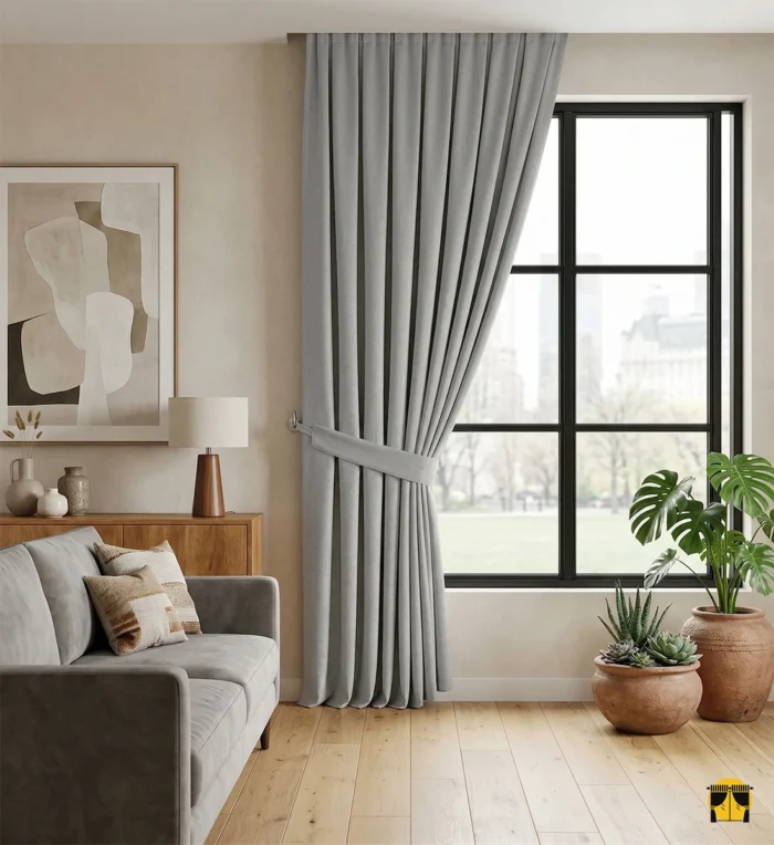 "Ham keten dokuma teknolojisiyle üretilmiş gümüş gri tonundaki ağır dökümlü fon perde kumaşını ve mat yüzeyini sergileyen yakın plan çekimi."