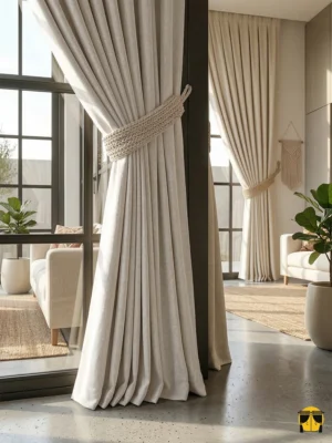 Minimalist ve doğal materyallerle döşenmiş bir salonda, pencerelere sıcak bir derinlik ve hasır zarafeti katan koyu krem keten fon perde tasarımı
