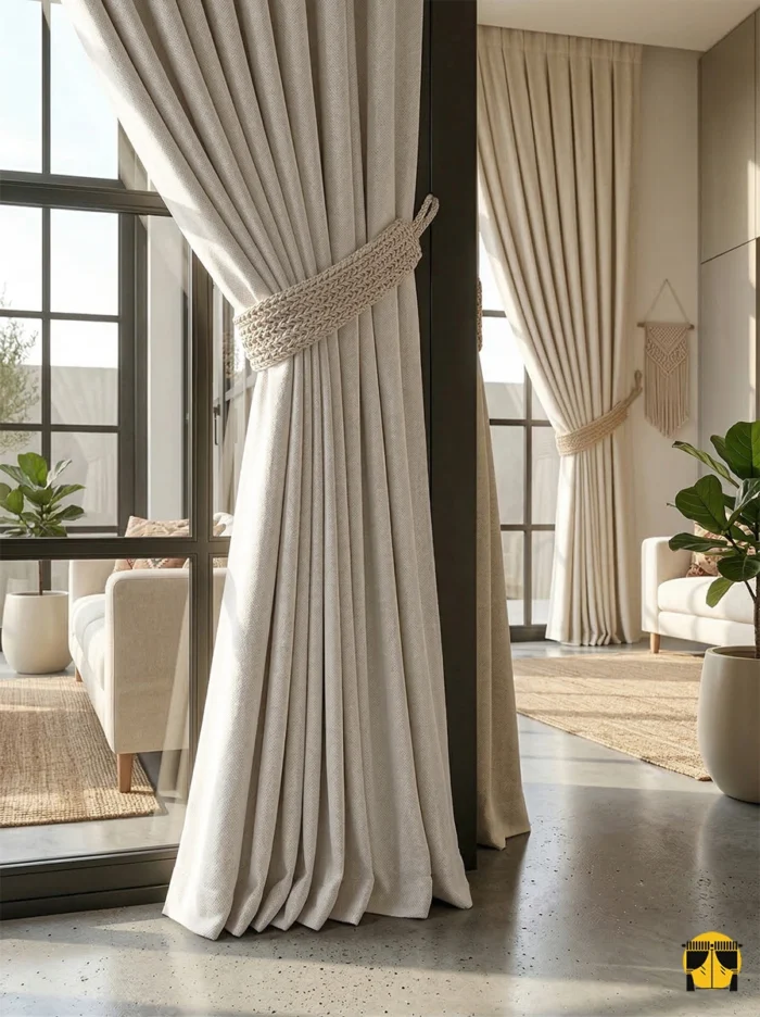 Minimalist ve doğal materyallerle döşenmiş bir salonda, pencerelere sıcak bir derinlik ve hasır zarafeti katan koyu krem keten fon perde tasarımı