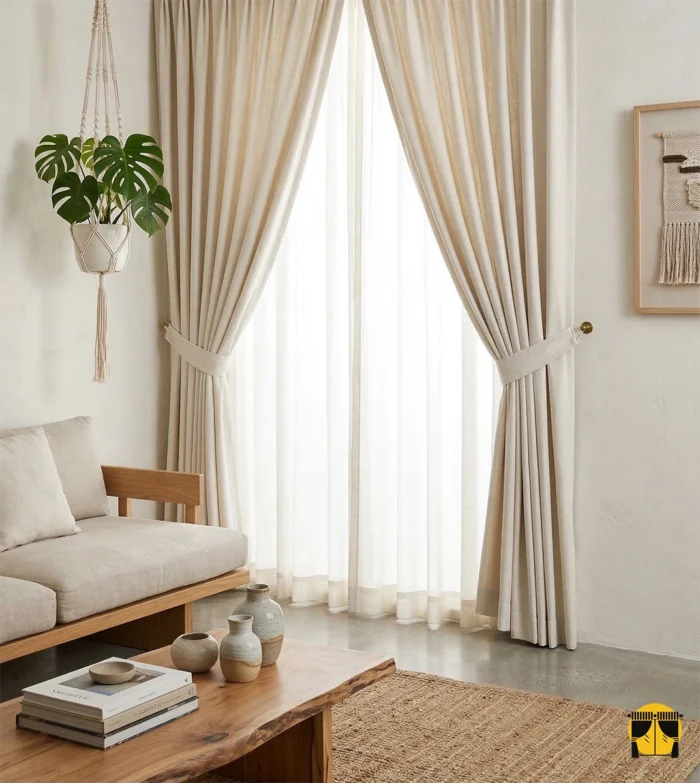 Koyu krem Linda keten perdenin çapraz hasır dokuması arasından süzülen güneş ışığının, kumaş yüzeyinde yarattığı rüstik ve üç boyutlu gölge oyunları.