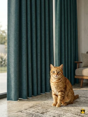 Modern bir salonda, antrasit mobilyalarla asil bir kontrast oluşturan, tok dökümlü ve mat yüzeyli Lives petrol mavi fon perde