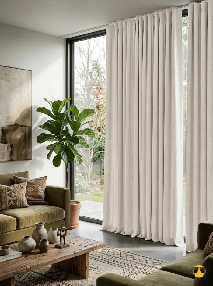 skandinav tarzı bir salonda, ahşap mobilyalarla kusursuz bir uyum yakalayan, pencerelere ferahlık ve doğallık katan krem keten perde sergisi