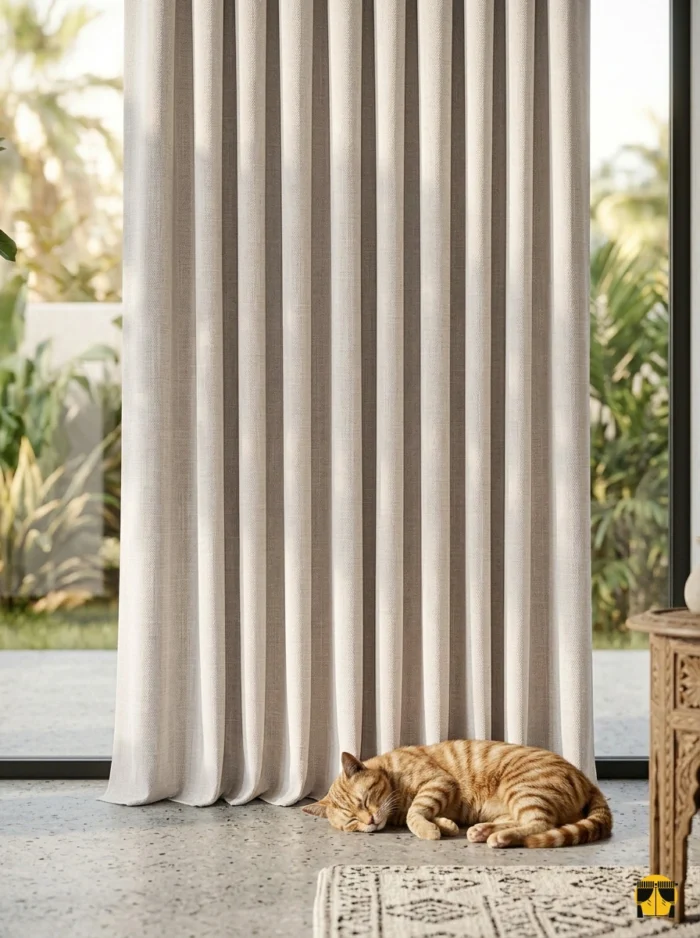 Doğal gün ışığında lifli yapısı ve yumuşak krem tonu belirginleşen, dökümlü Myra keten fon perde kumaş detayı