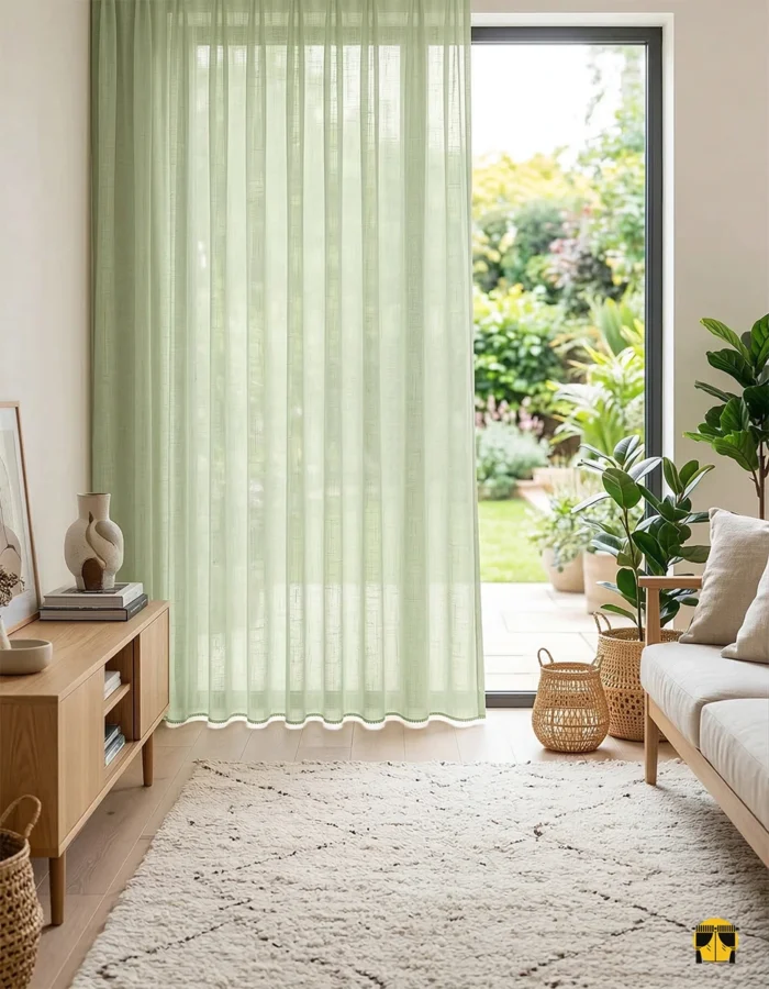 Ahşap mobilyalar ve gri fon perdelerle kusursuz bir uyum yakalayan, pencerelere rüstik bir derinlik katan şık yeşil tül.