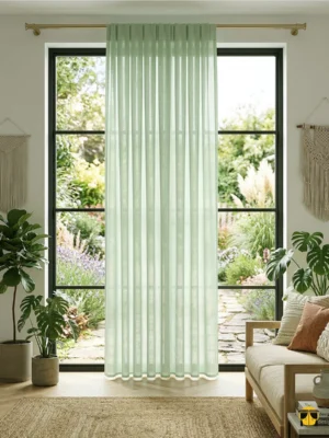 Modern bir salonda, gün ışığını botanik bir yeşil filtreyle yumuşatarak içeri süzerek huzurlu bir atmosfer yaratan Ola düz tül perde.