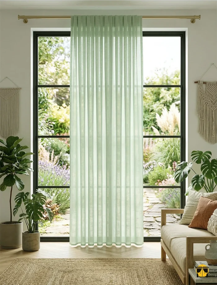 Modern bir salonda, gün ışığını botanik bir yeşil filtreyle yumuşatarak içeri süzerek huzurlu bir atmosfer yaratan Ola düz tül perde.