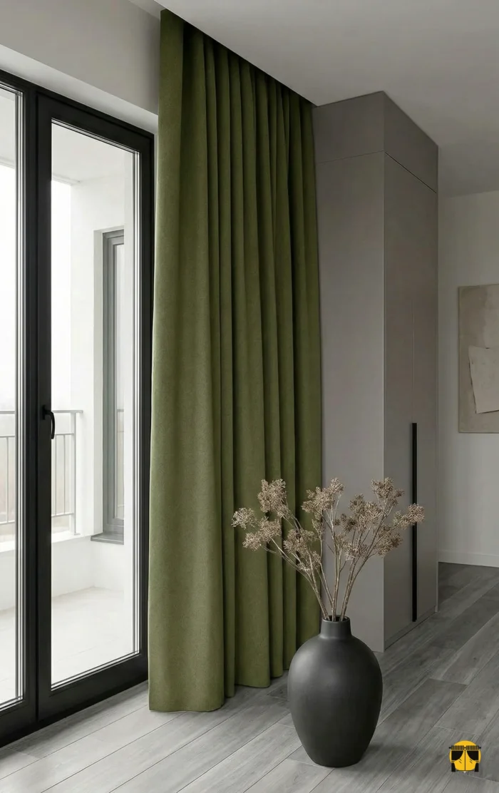 Zeytin yapraklarının doğal matlığını kumaş dokusuna taşıyan, gün ışığında yumuşak gölge oyunları yaratan Olivia yeşili fon perde detayı