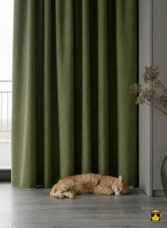 Ahşap mobilyalar ve hasır dokularla kusursuz bir doğallık sunan, tavandan yere ağır dökümlü zeytin yeşili fon perdenin yarattığı dingin salon atmosferi