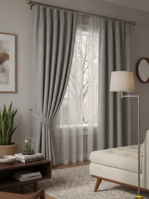 Aydınlık bir iç mekanda, tavandan yere süzülen hafif yapılı sütlükahve fon perde ve beyaz tülün yarattığı huzurlu atmosfer