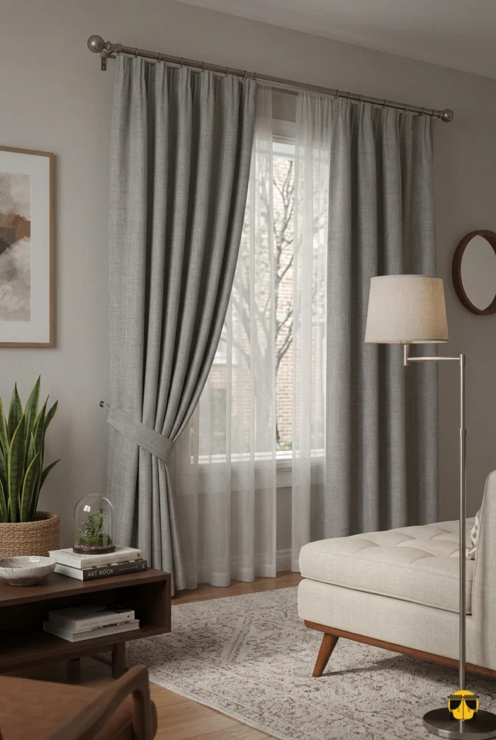 Aydınlık bir iç mekanda, tavandan yere süzülen hafif yapılı sütlükahve fon perde ve beyaz tülün yarattığı huzurlu atmosfer