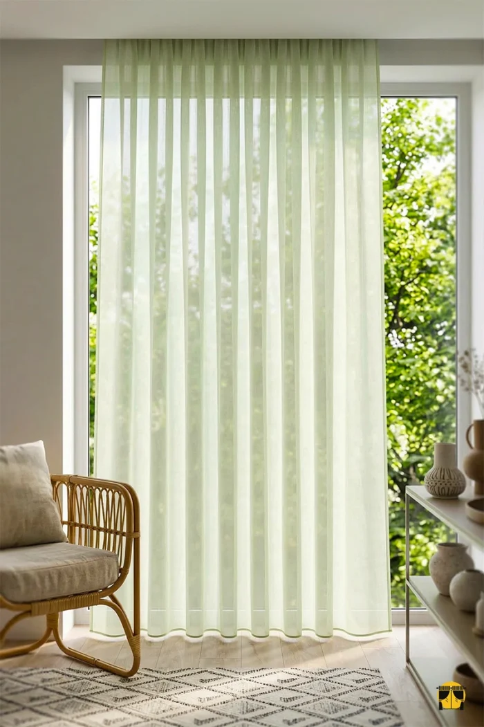 Modern bir salonda, gün ışığını doğal bir yeşil filtreyle yumuşatarak içeri süzerek huzurlu bir atmosfer yaratan Oxo tül perde."