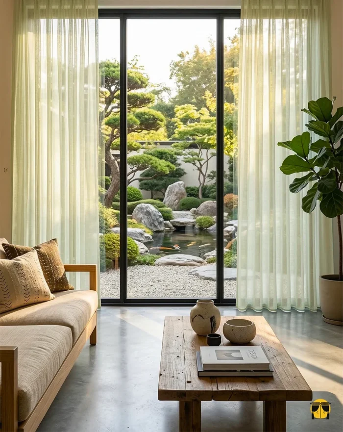 Ahşap detaylar ve bitkilerle kusursuz bir uyum yakalayan, pencerelere rüstik bir derinlik katan belirgin lifli dokuya sahip yeşil tül."