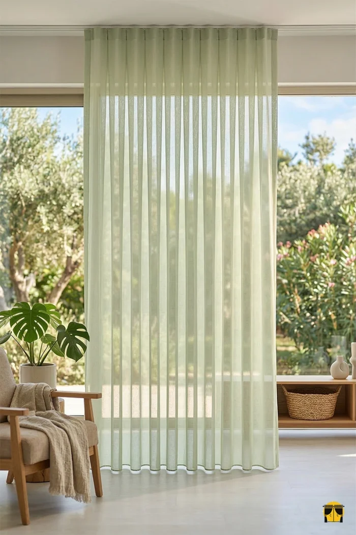 "Işığı süzerek mahremiyet sağlayan, mat yüzeyi ve akışkan dökümüyle dikkat çeken, ütü gerektirmeyen dekoratif Oxo doğal yeşil tül sergisi."