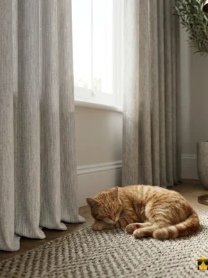 Aydınlık bir iç mekanda, tavandan yere kadar uzanan Paselis Sütlükahve fon perde ve krem tülün estetik uyumu