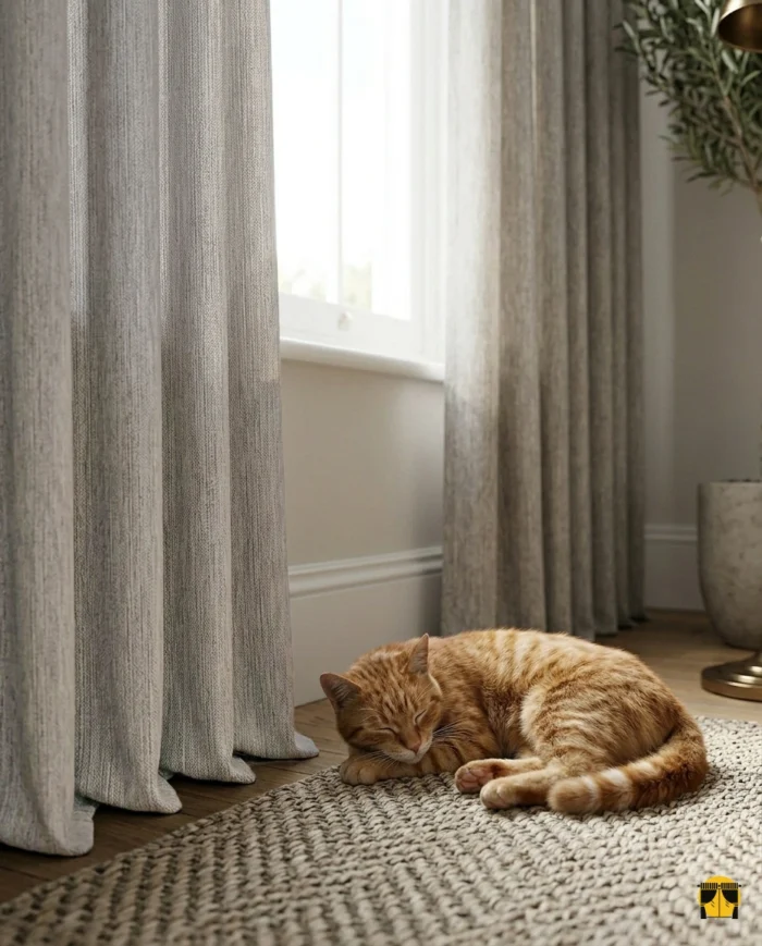 Aydınlık bir iç mekanda, tavandan yere kadar uzanan Paselis Sütlükahve fon perde ve krem tülün estetik uyumu