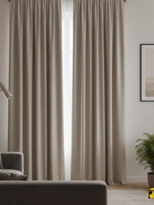 Modern-rustik bir oturma odasında, doğal dokulu Patara Sütlükahve keten fon perde; ham ve şık bir pencere tasarımı.