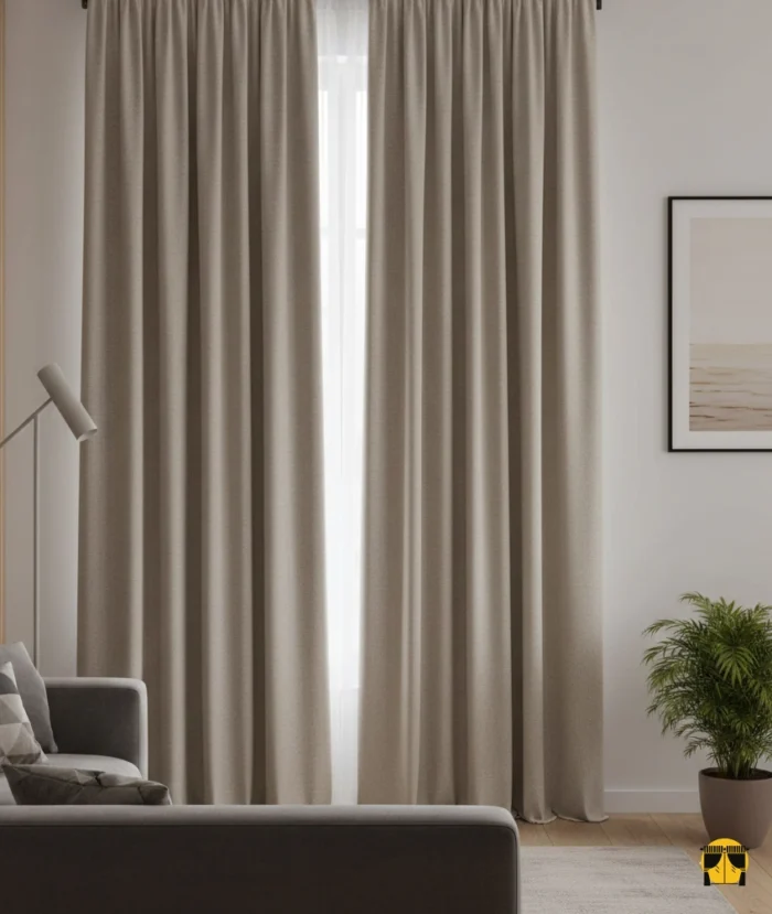 Modern-rustik bir oturma odasında, doğal dokulu Patara Sütlükahve keten fon perde; ham ve şık bir pencere tasarımı.