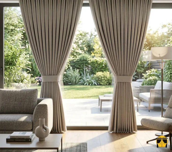 Ağır dökümü ve doğal dokusu sayesinde ütü sonrası pürüzsüz ama karakterli duruşunu koruyan kaliteli sütlükahve keten fon perde detayı."