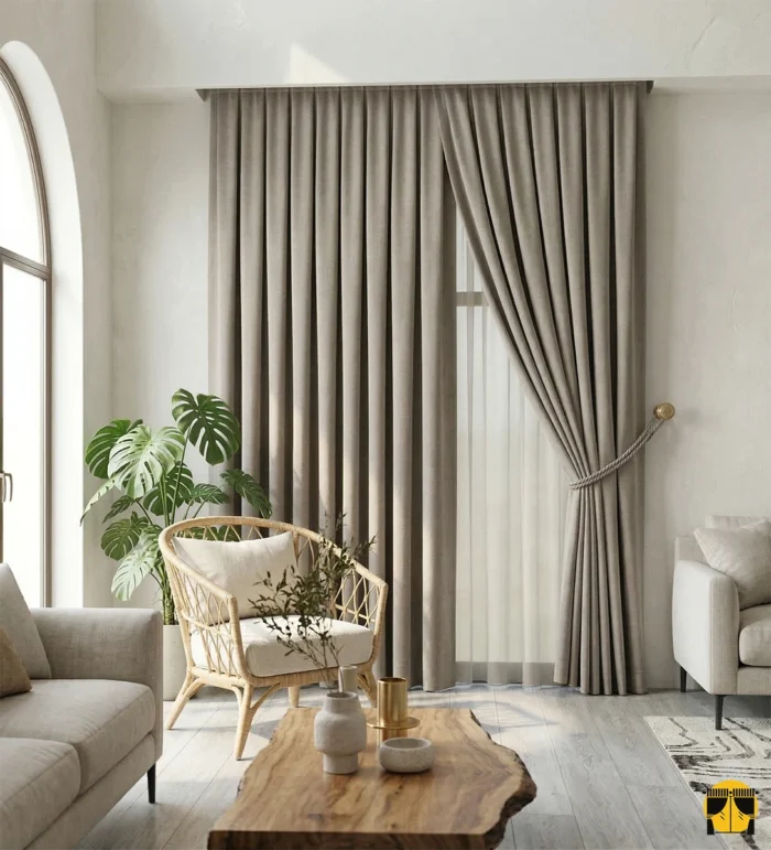 Ekru keten tüllerle kombinlenmiş, siyah metal rustik üzerinde sütun gibi muntazam inen dökümlü sütlükahve fon perde sergisi.