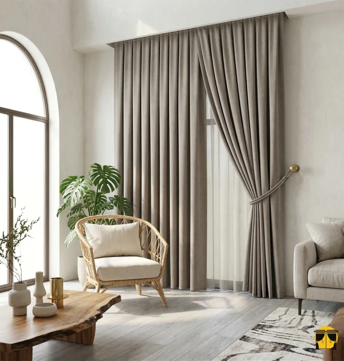 İskandinav tarzı döşenmiş, ahşap mobilyalı bir odada, pencerelere sıcaklık ve modern bir rüstik hava katan sütlükahve keten fon perde tasarımı."