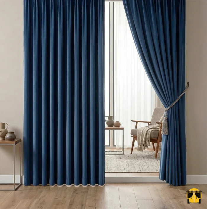 Kadife dokulu mikro lif yapısını ve kumaşın tok duruşunu gösteren yakın plan çekimi; Pia serisinin lacivert tonundaki zengin ve kaliteli yüzey detayı