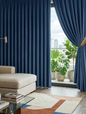 Bronz aksesuarlar ve beyaz tüllerle tamamlanmış modern bir yatak odasında, pencerelere asalet ve tam mahremiyet katan koyu lacivert kadife fon perde tasarımı