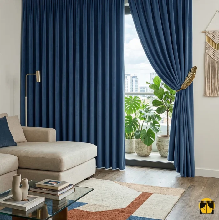 Bronz aksesuarlar ve beyaz tüllerle tamamlanmış modern bir yatak odasında, pencerelere asalet ve tam mahremiyet katan koyu lacivert kadife fon perde tasarımı