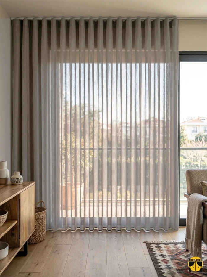 Kahverengi Santana keten kumaşın doğal lifleri arasından süzülen akşam güneşinin, oda içerisinde yarattığı puslu, sıcak ve topraksı ışık kırılmaları.