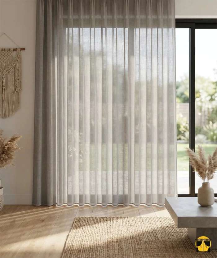 Endüstriyel tarzda döşenmiş bir salonda, siyah metal detaylarla uyum sağlayan ve mekana rüstik bir derinlik katan kahverengi keten tül perdenin asil duruşu."