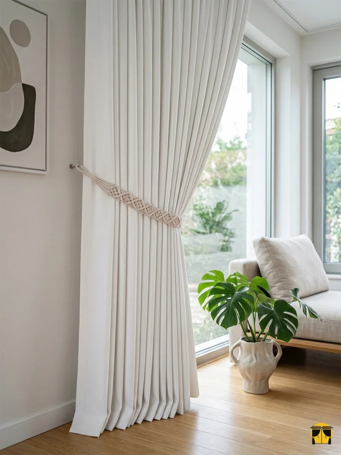 "Sardes beyaz keten fon perdenin organik lifli dokusu arasından süzülen güneş ışığının, oda içerisinde yarattığı rüstik ve ferah aydınlık."