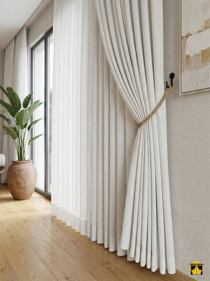 "Ham keten dokuma teknolojisiyle üretilmiş saf beyaz tonundaki dökümlü fon perde kumaşını ve mat yüzeyini sergileyen yakın plan çekimi."