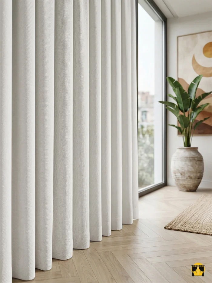 "Hasır detaylar ve ahşap mobilyalarla dekore edilmiş modern bir salonda, pencerelere Akdeniz ferahlığı katan Sardes beyaz keten fon perde tasarımı."