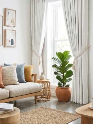 "Keten tüllerle kombinlenmiş, doğal dökümü sayesinde pencerelerde salaş ve lüks bir duruş sergileyen beyaz keten fon perde sergisi."