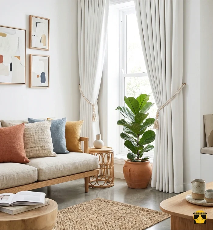 "Keten tüllerle kombinlenmiş, doğal dökümü sayesinde pencerelerde salaş ve lüks bir duruş sergileyen beyaz keten fon perde sergisi."