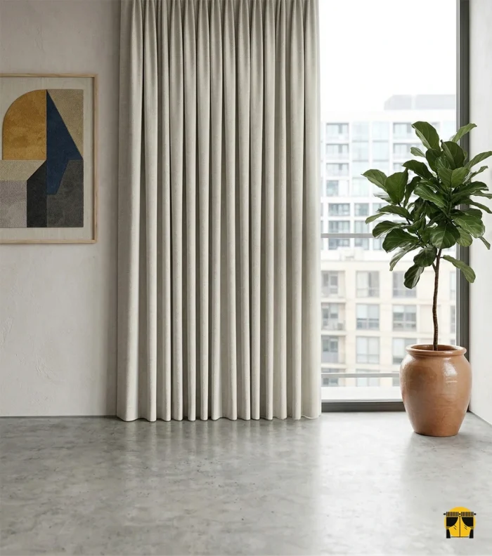 "Taş gri keten karartma perdenin organik dokusu arasından ışık sızdırmayan blackout yapısının, yatak odasında yarattığı huzurlu atmosfer."