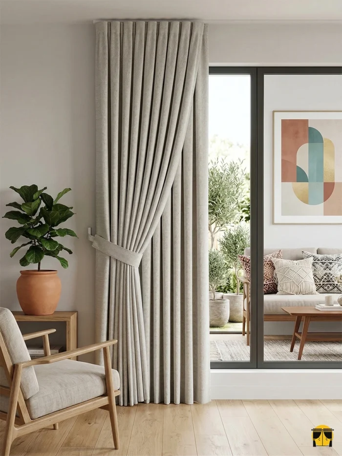 "Keten dokuma teknolojisiyle üretilmiş taş gri tonundaki yüksek kaliteli karartma fon perde kumaşını ve mat yüzeyini sergileyen yakın plan."