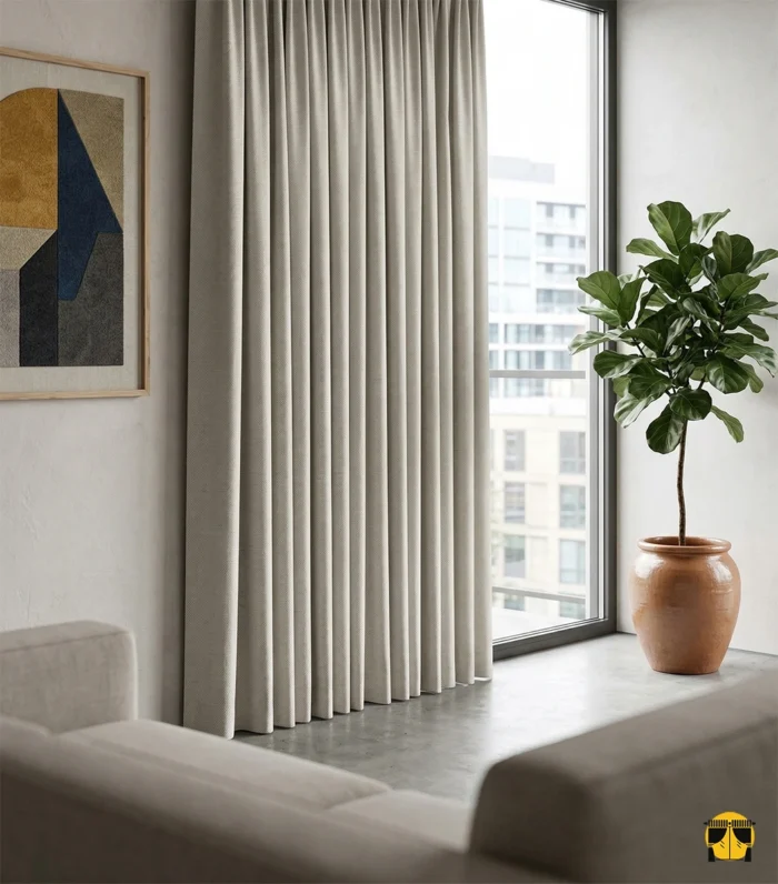 "Modern bir salonda, gün ışığını tamamen engelleyerek ısı yalıtımı sağlayan dökümlü taş gri keten blackout perde tasarımı."