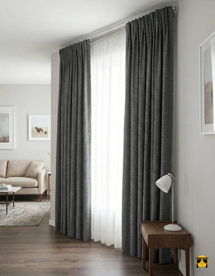 Aydınlık ve geniş bir iç mekanda, tavandan yere kadar uzanan Valle Gri fon perde ile modern dekorasyonun mükemmel uyumu