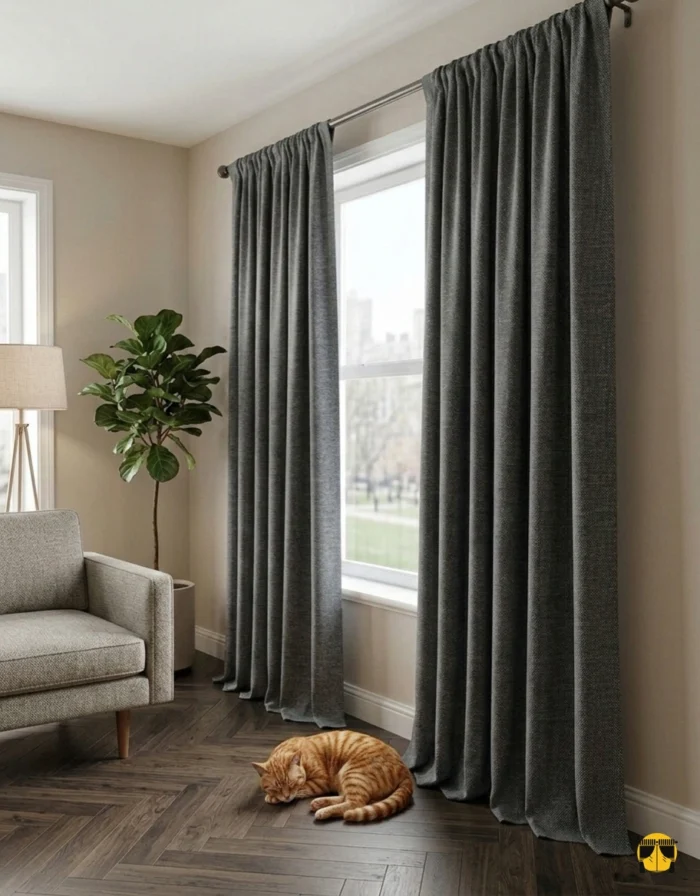 Modern bir oturma odasında, pürüzsüz ve tok dökümlü Valle Gri fon perde; minimalist ve şık bir pencere tasarımı
