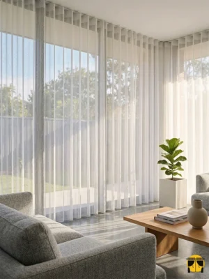 Doğal lif efektli Vinta serisi ekru tülün yakın plan çekimi; kumaşın mat yüzeyi ve kaliteli, desensiz dokuma yapısı