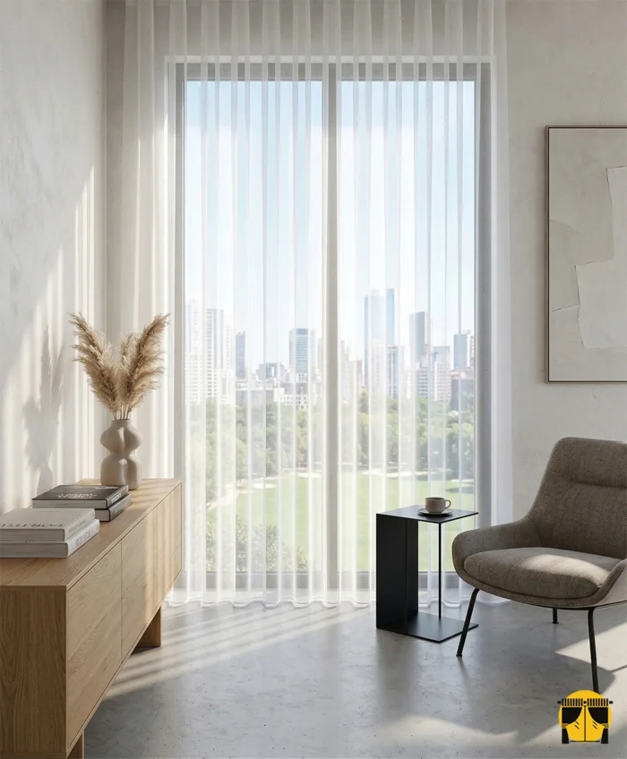 Vinta ekru beyaz düz tül perdenin mikro dokusu arasından süzülen güneş ışığının, odada yarattığı vintage, sıcak ve huzurlu aydınlık