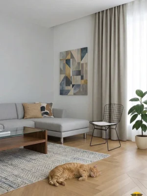 Doğal gün ışığını yumuşatarak içeri alan, belirgin lifli dokusuyla pencerelere rüstik bir karakter katan koyu krem keten fon perde detayı