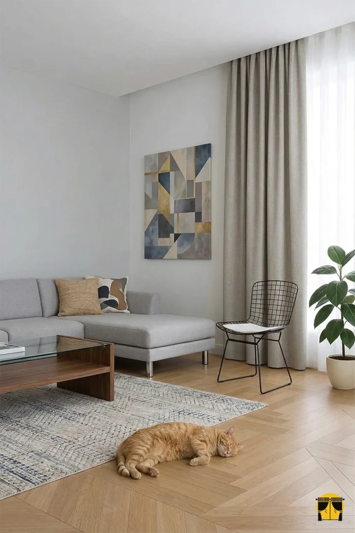 Doğal gün ışığını yumuşatarak içeri alan, belirgin lifli dokusuyla pencerelere rüstik bir karakter katan koyu krem keten fon perde detayı