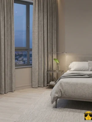 "Ninto siyah düz fon perdenin mat dokusu ve derin tonunun yatak odasında yarattığı sofistike, modern ve maskülen atmosfer."