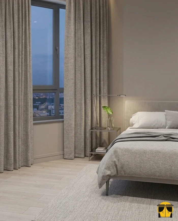 "Ninto siyah düz fon perdenin mat dokusu ve derin tonunun yatak odasında yarattığı sofistike, modern ve maskülen atmosfer."