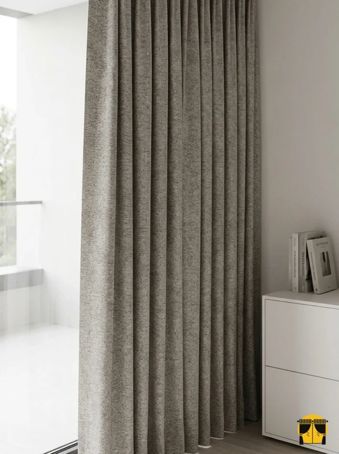 "Özel düz dokuma teknolojisiyle üretilmiş siyah fon perde kumaşının ışığı emen mat yüzeyini ve pürüzsüz yapısını sergileyen yakın plan."