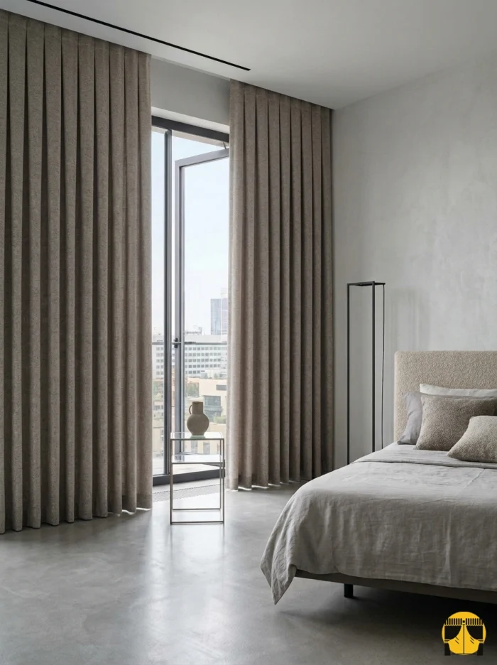 "Antrasit mobilyalar ve gri detaylarla dekore edilmiş endüstriyel bir yatak odasında, pencerelere asalet katan siyah düz fon perde."