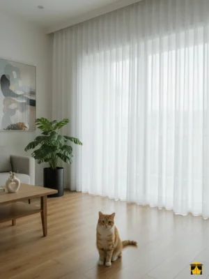 Modern bir yaşam alanında, tavandan yere kadar uzanan, koyu krem tonunda, doğal dokulu, tok dökümlü ve huzurlu bir atmosfer yaratan şık tül perde.